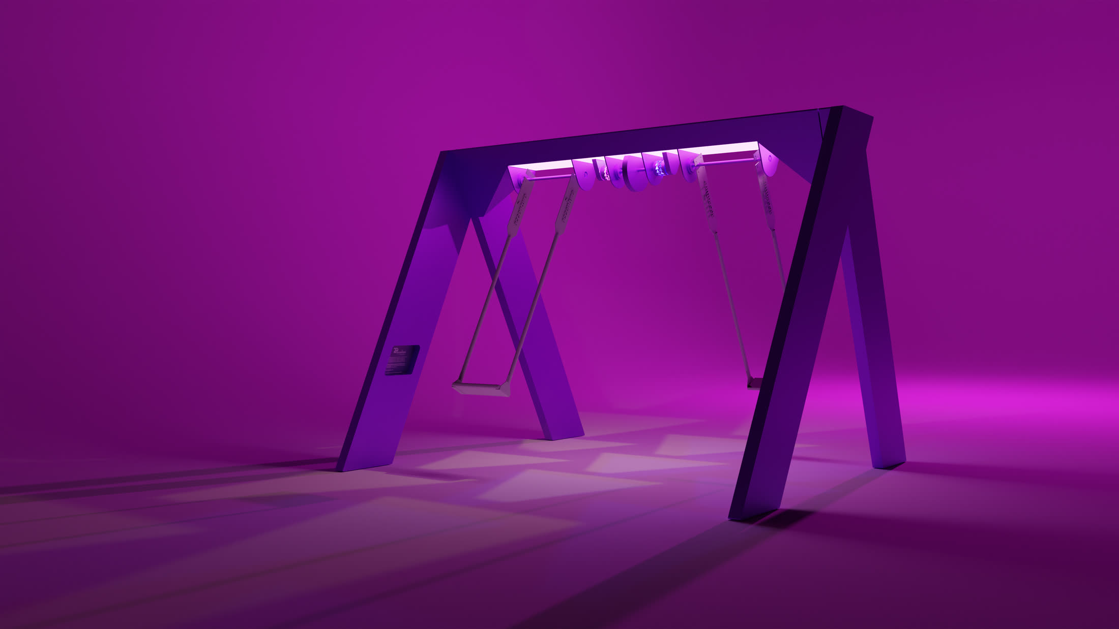 A 3D render of the A-frame swing set: two seats, a row of flywheels under the beam, coloured light patterns on the floor.