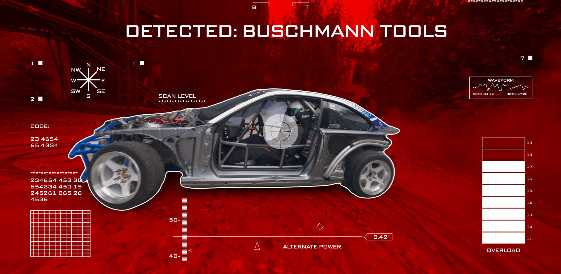 Red key visual styled as a scanner readout: an X-ray view of a car stripped to its frame, headed DETECTED: BUSCHMANN TOOLS.