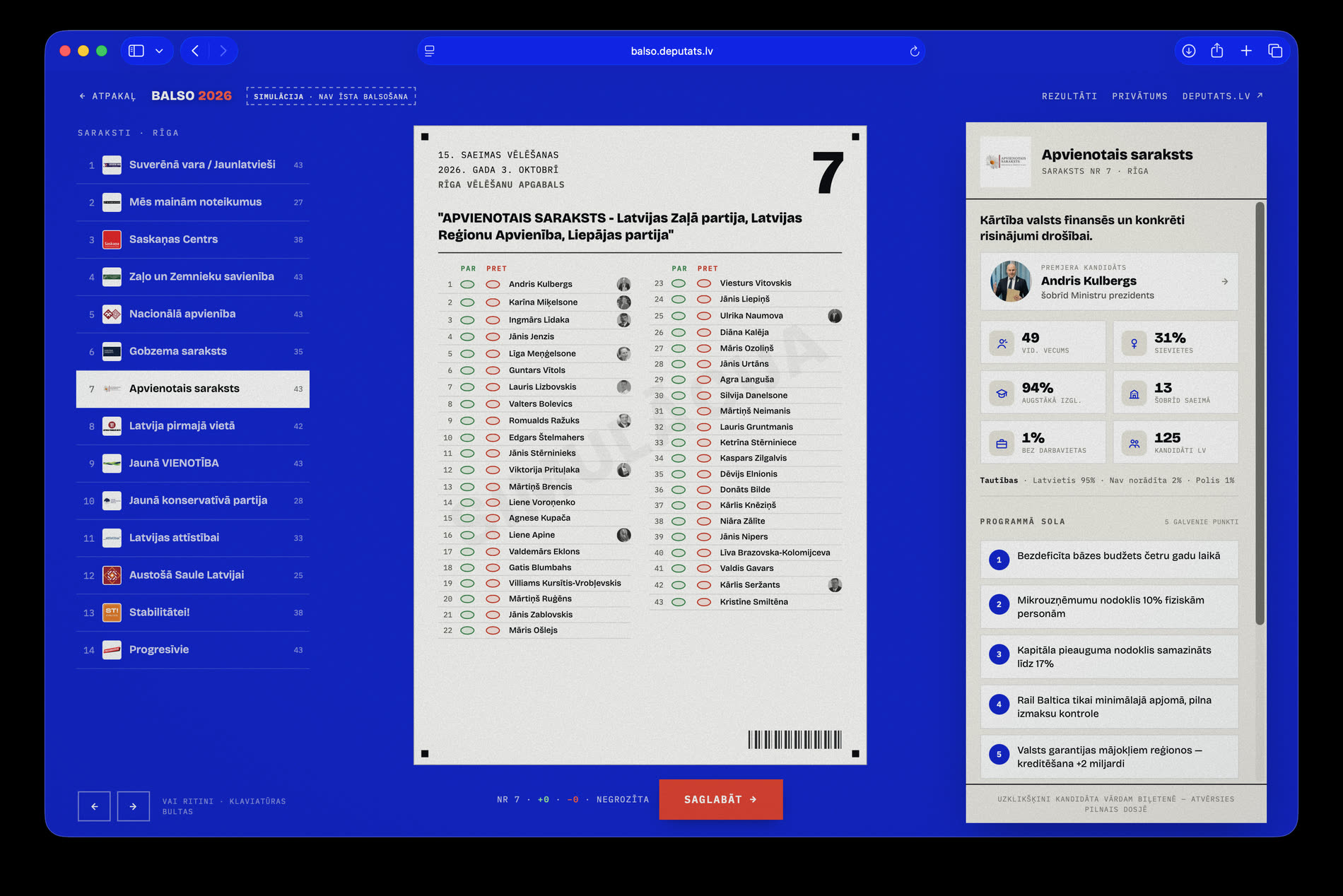 The ballot step: 14 parties at left, a replica paper ballot with 43 candidates in the centre, and a party information panel at right.