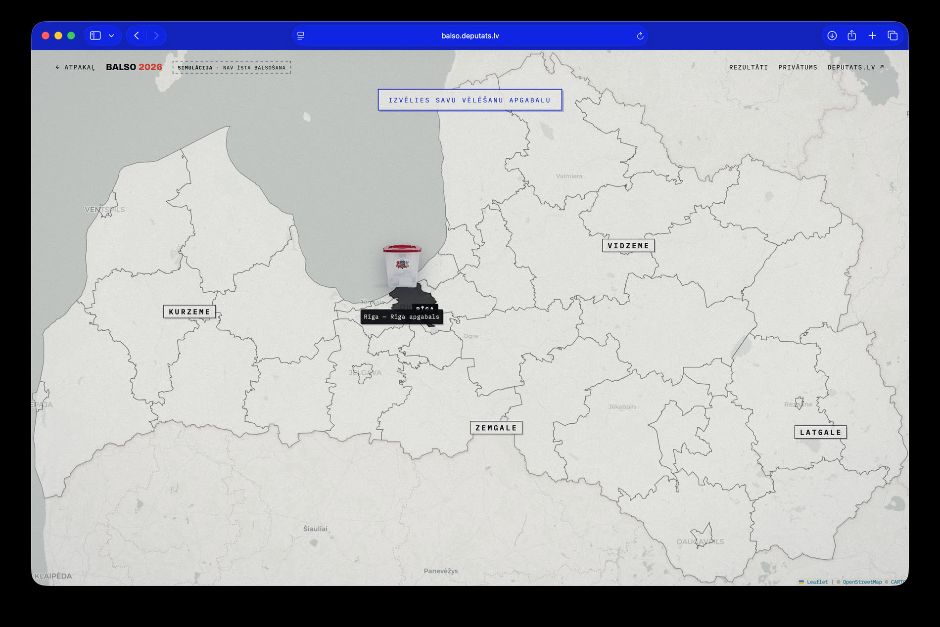 A greyscale map of Latvia with municipality outlines, prompting the user to choose their electoral district, with Rīga highlighted.
