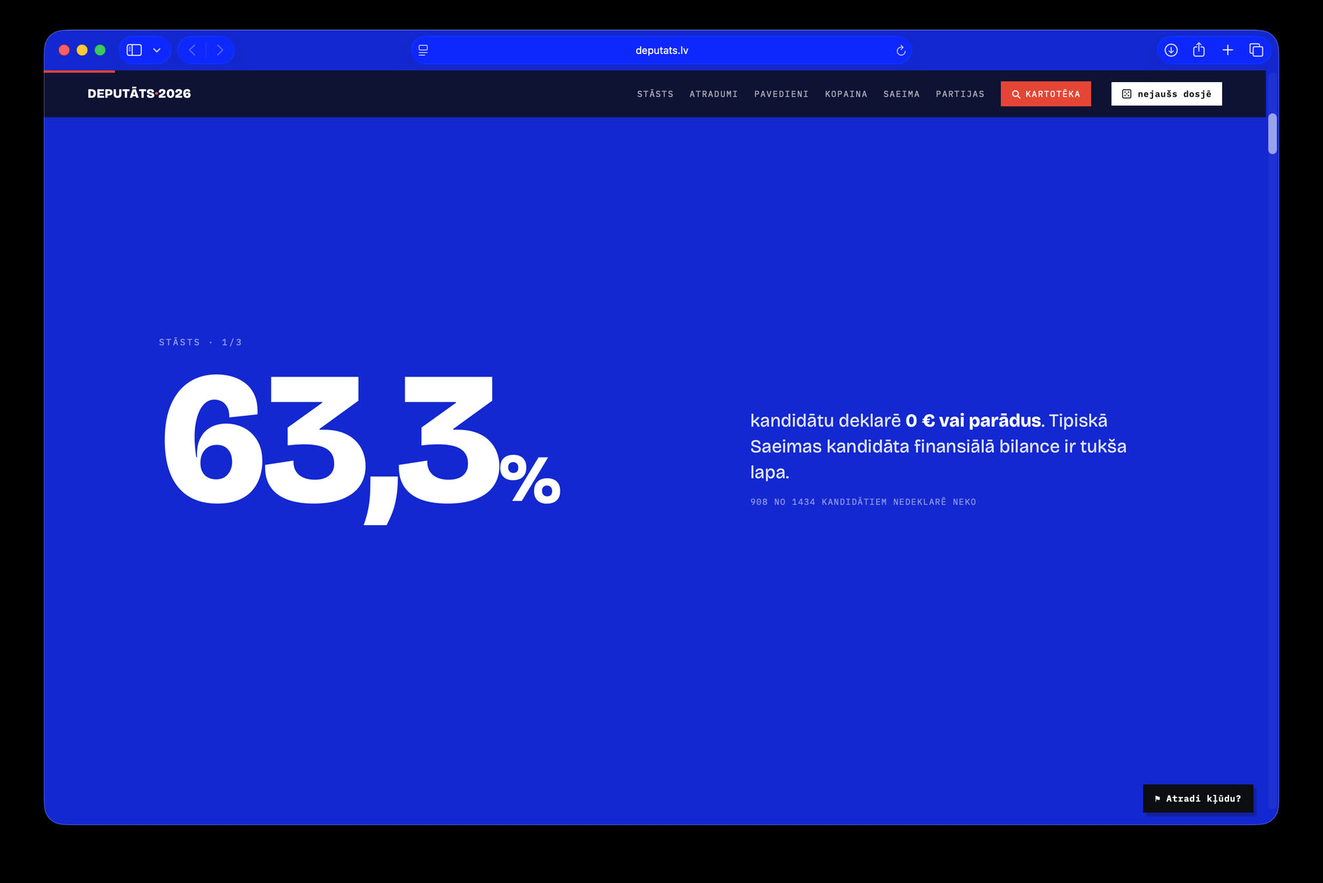 Full-screen blue slide labelled 'Stāsts 1/3' with the figure 63.3%: the share of candidates declaring zero euros or debts.