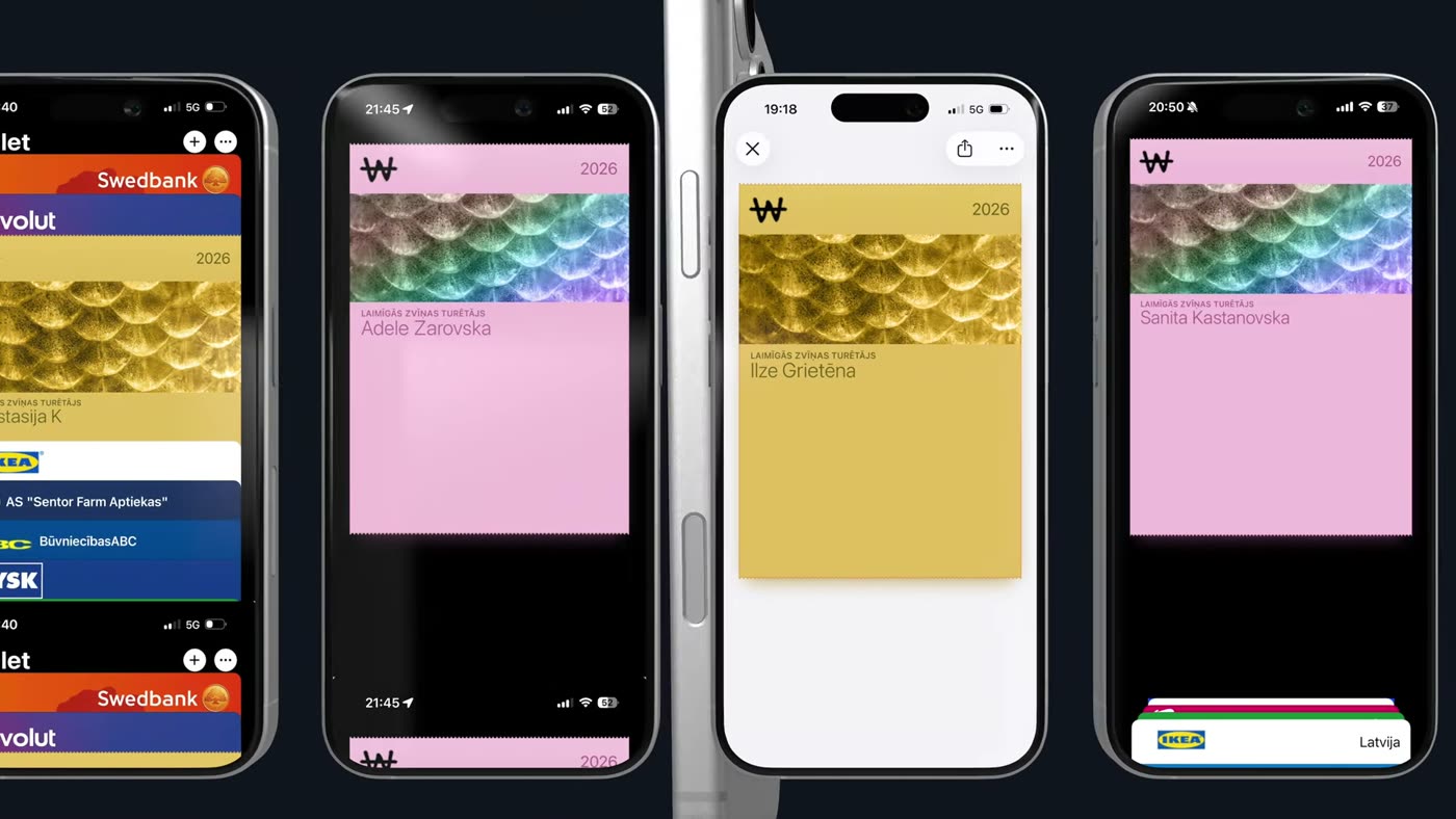 A row of phones, each showing a different person's scale pass in Apple Wallet among their real bank cards.