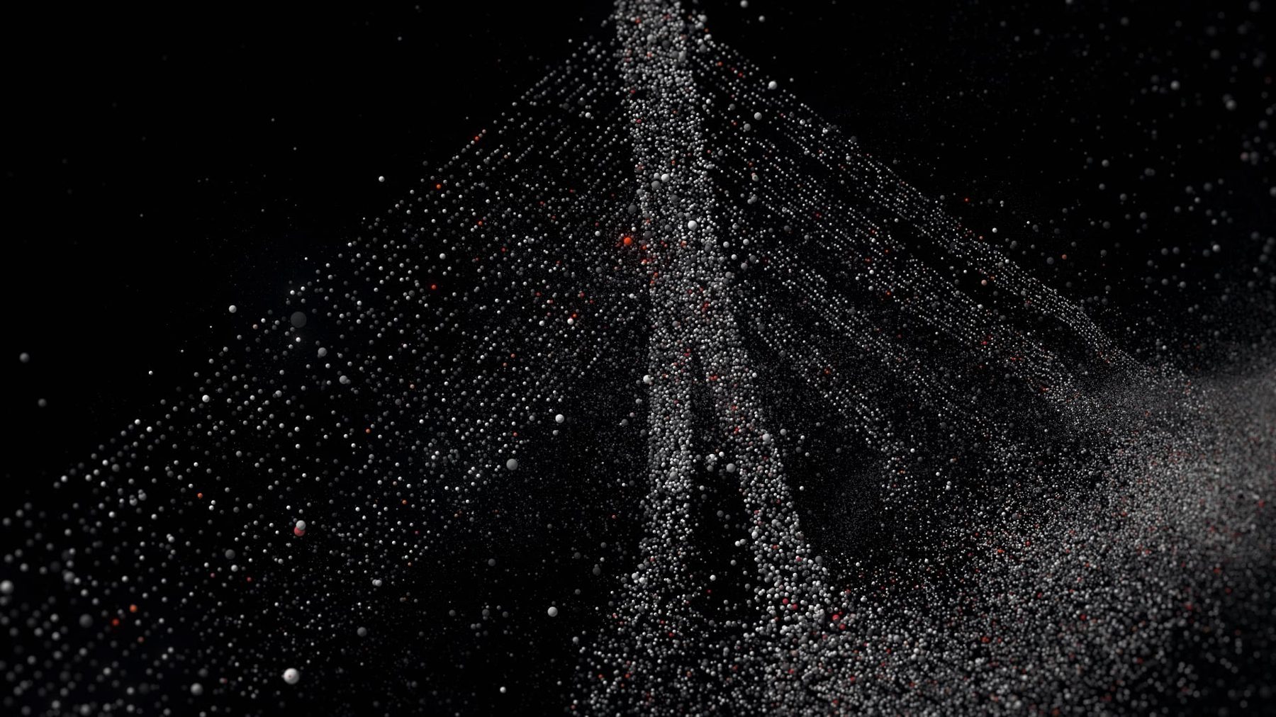 The cable-stayed Vanšu bridge in Riga rendered as a cloud of tiny white and red points against black.
