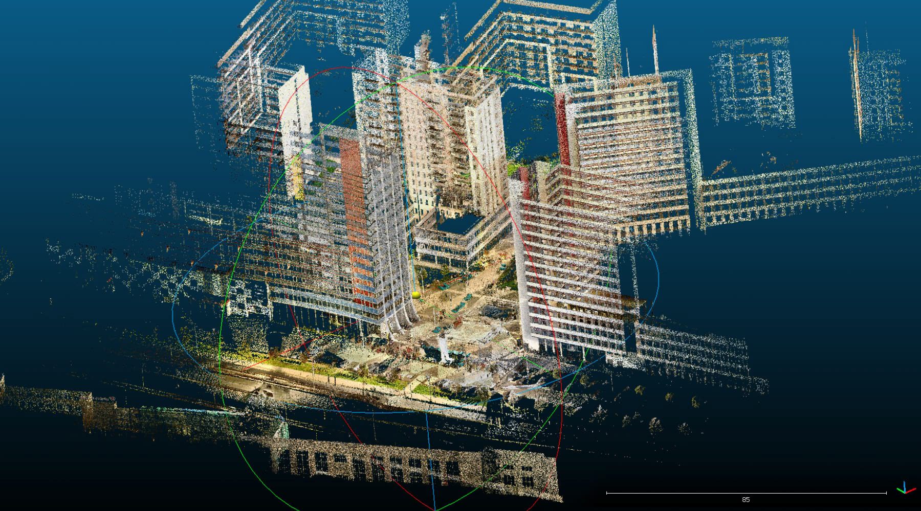 A CloudCompare viewport showing scanned tower blocks as semi-transparent point clouds with trim lines drawn over them.