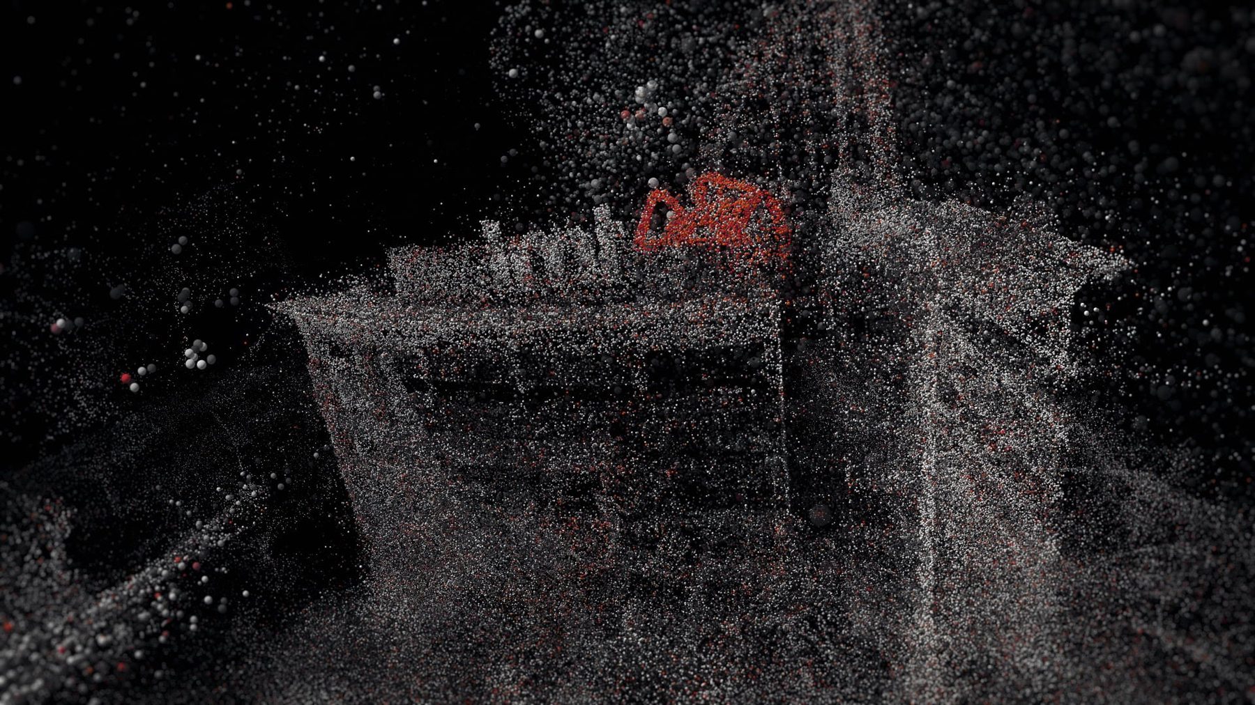 An office building rendered in particles, the LMT logo on its roof picked out in red points.