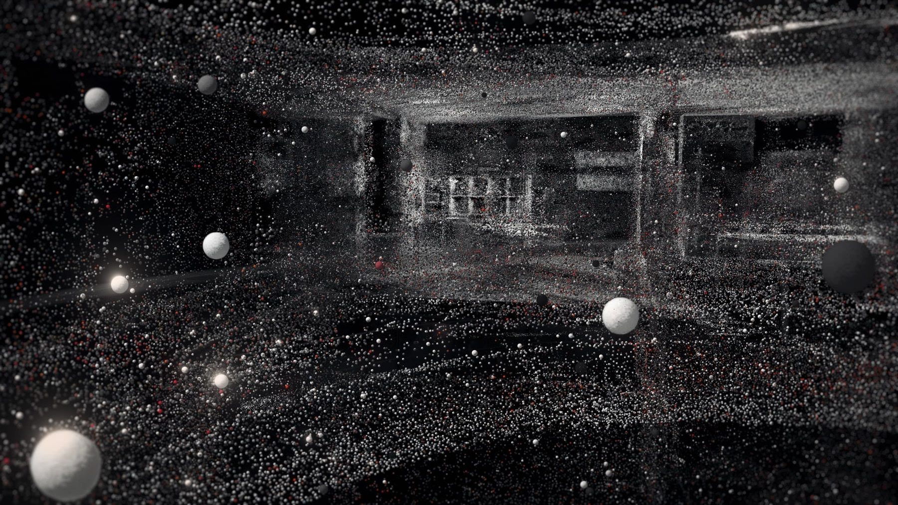 The inside of a glass-walled meeting room rendered as grey particles, larger spheres floating in the foreground.