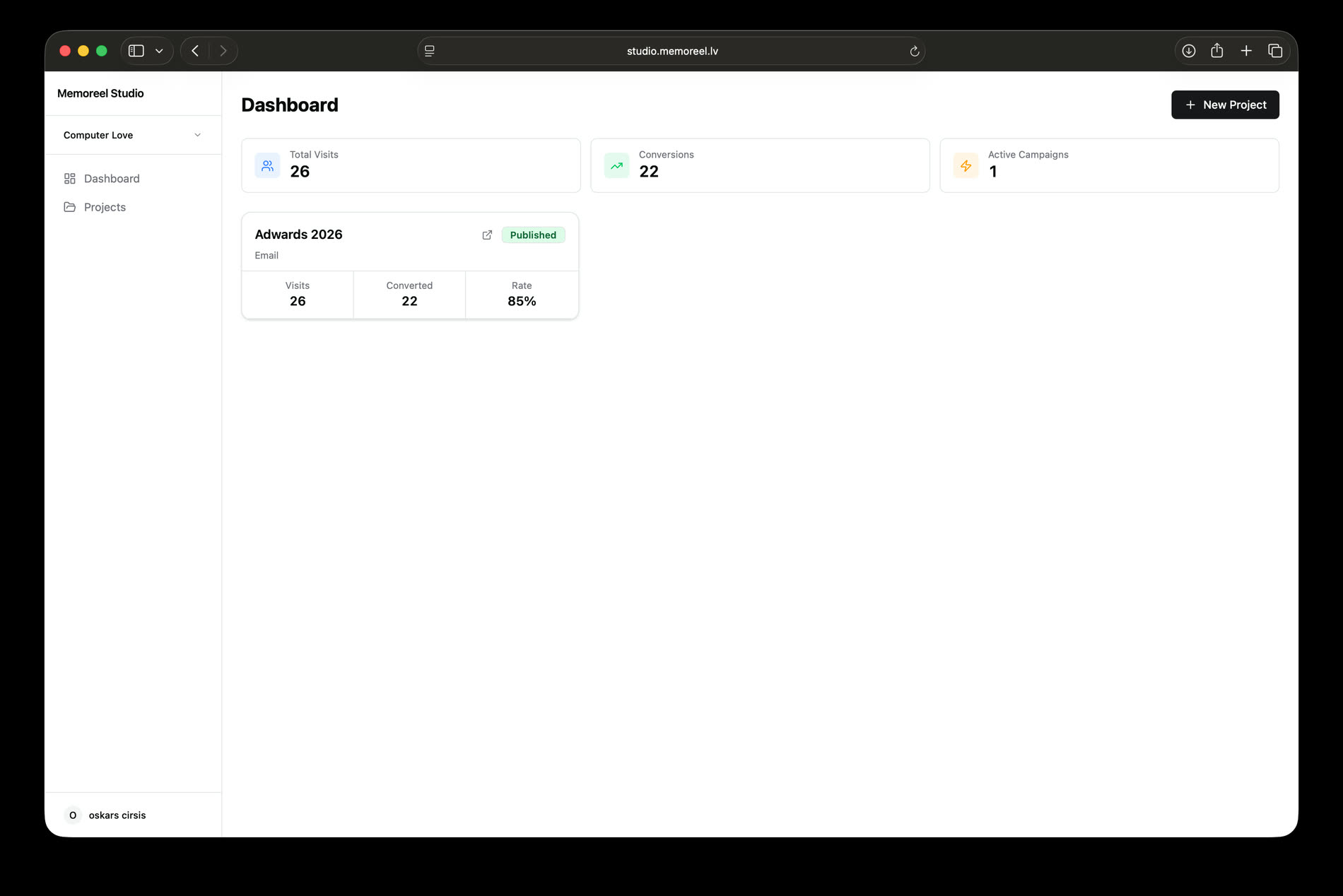 The Studio dashboard: total visits 26, conversions 22, one active campaign, and a project card for Adwards 2026 with an 85% rate.