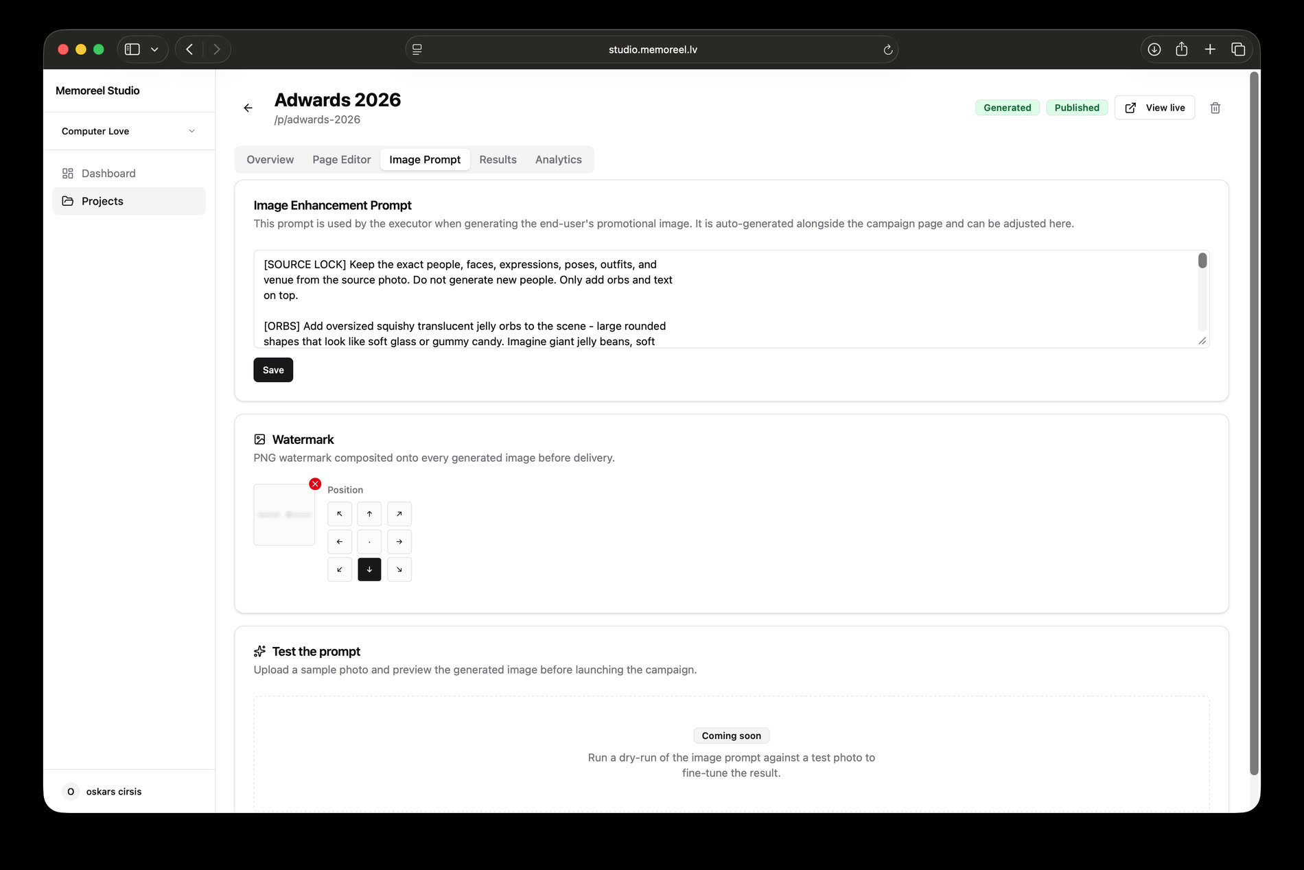 The image prompt screen: an editable prompt starting with a source lock instruction, a watermark position picker, and a 'test the prompt' panel.