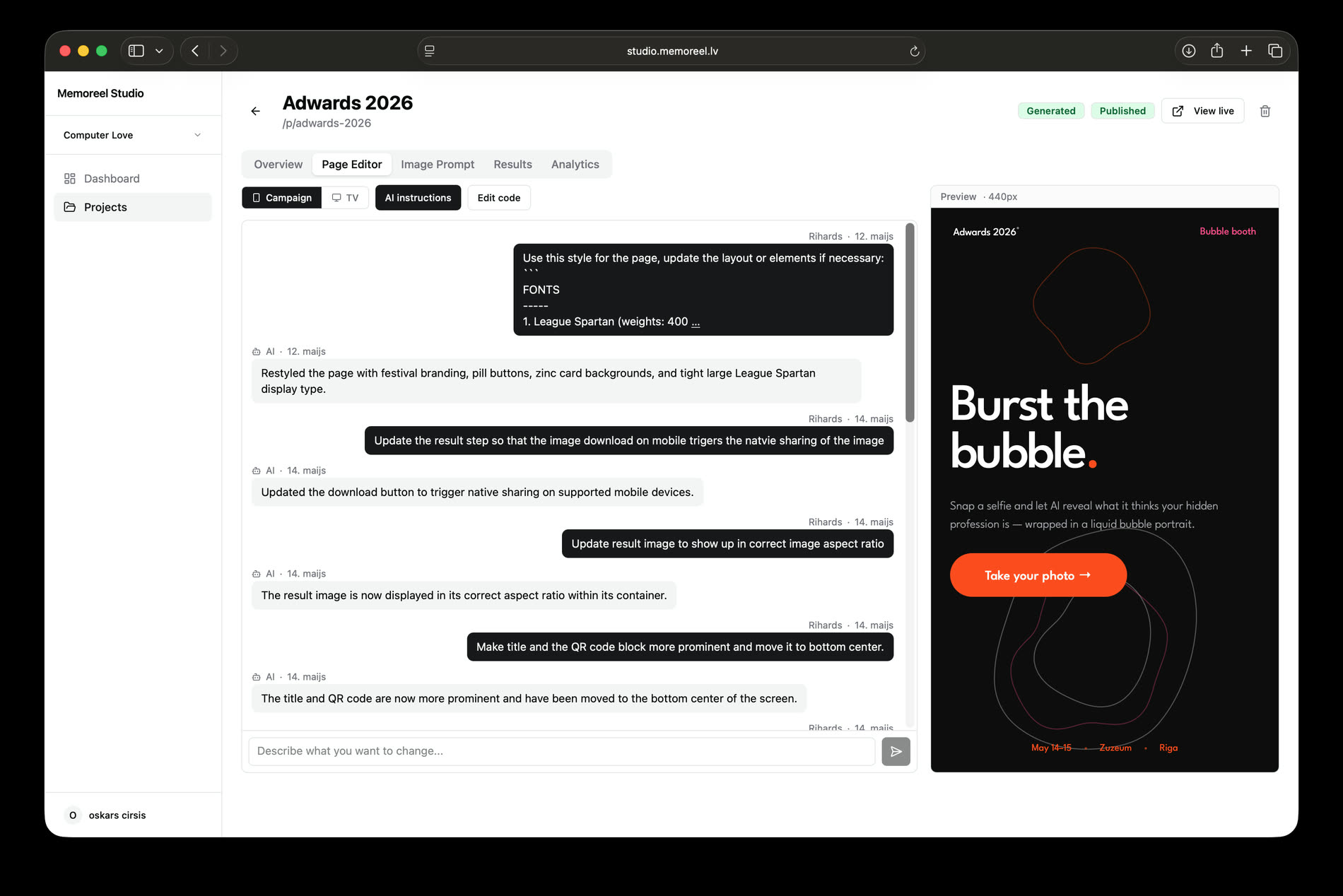 The admin page editor for Adwards 2026: a chat thread of edits on the left, such as restyling to festival branding and moving the QR block, and a live preview of the dark 'Burst the bubble' campaign page on the right.
