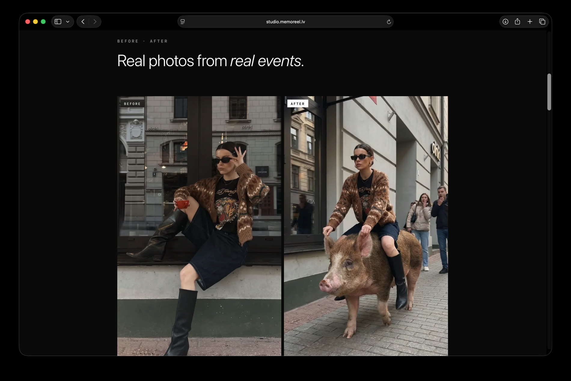 Before and after: a woman on a shop windowsill, then the same woman riding a large pig down the same street.