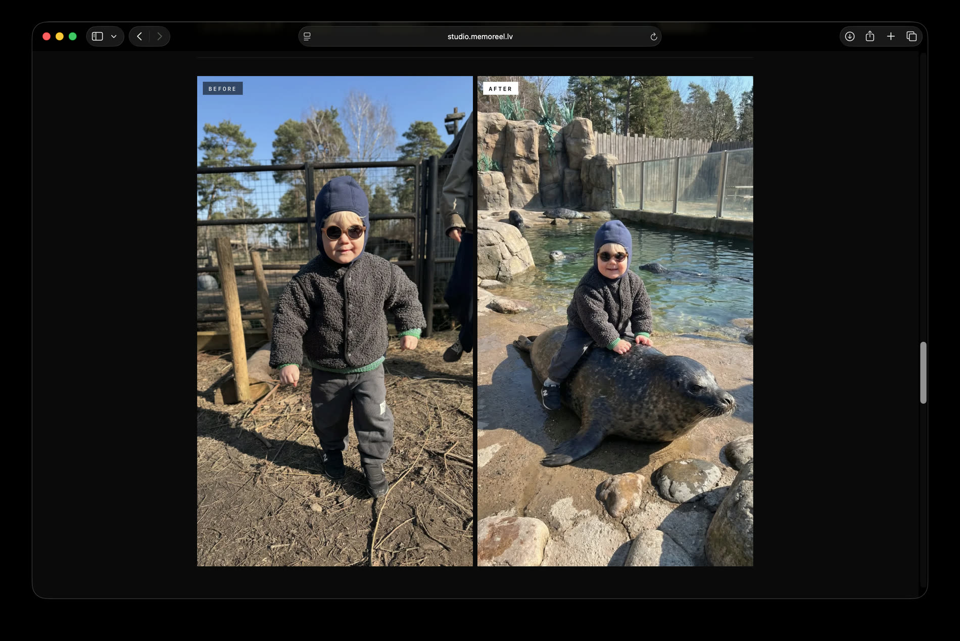 Before and after: a toddler in a fleece jacket by a fence, then the same toddler astride a seal.