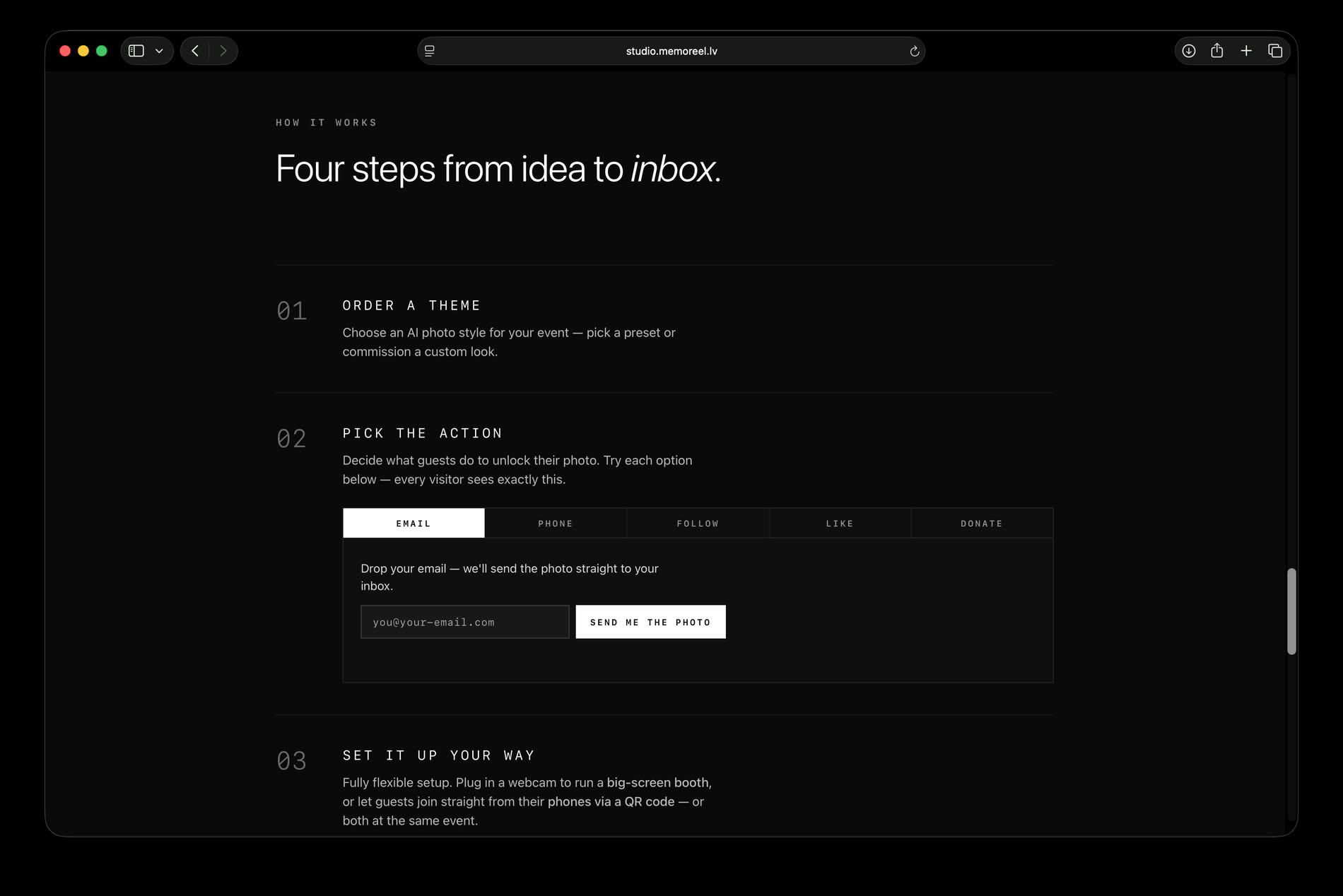 The how-it-works page: 'Four steps from idea to inbox', with steps for ordering a theme, picking the unlock action shown as a tab row of email, phone, follow, like and donate, and setting up as a big-screen booth or by QR code.
