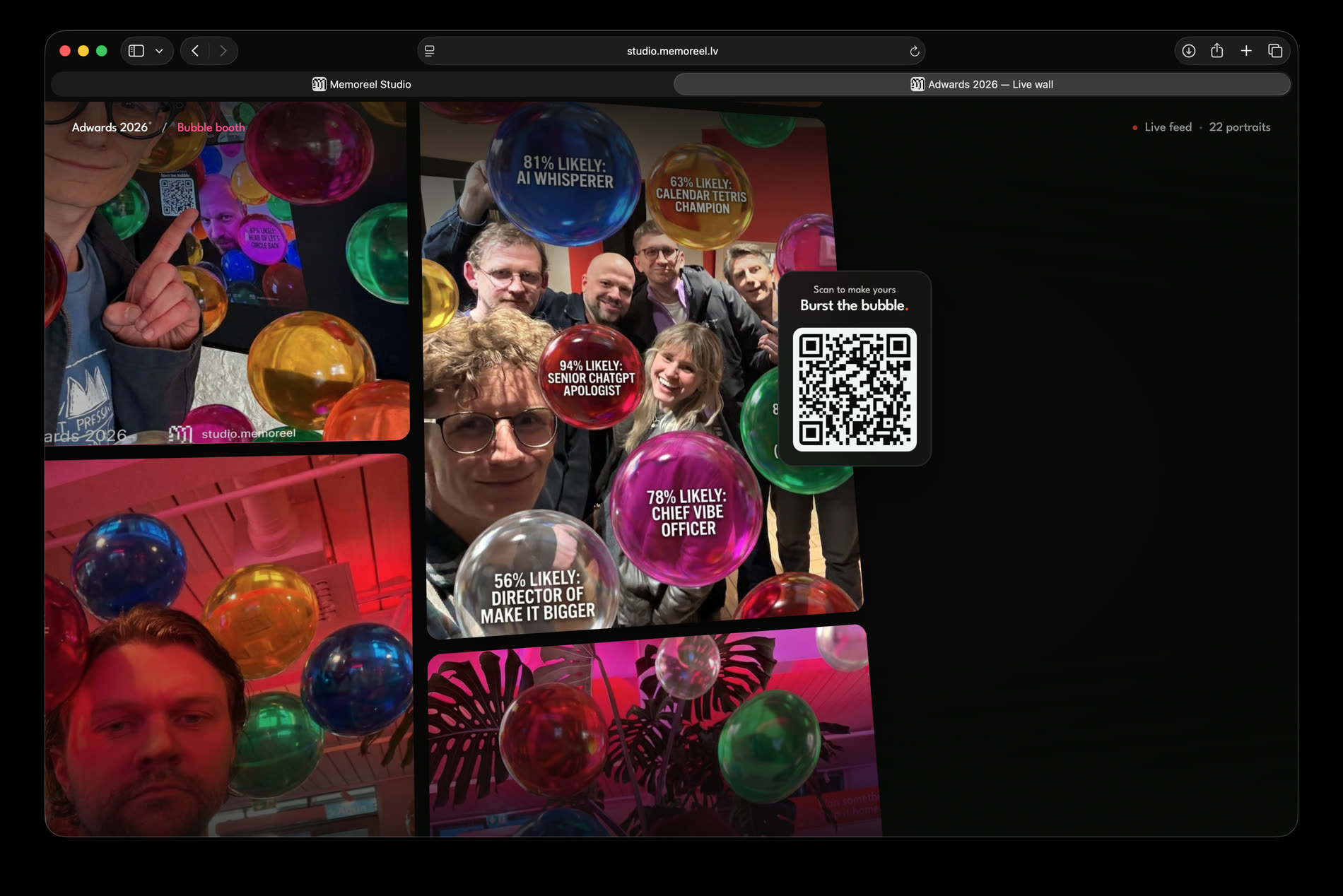 The live wall in a browser: a grid of guest portraits among coloured orbs with joke job titles, a 'scan to make yours' QR card in the grid, and a counter reading 22 portraits.