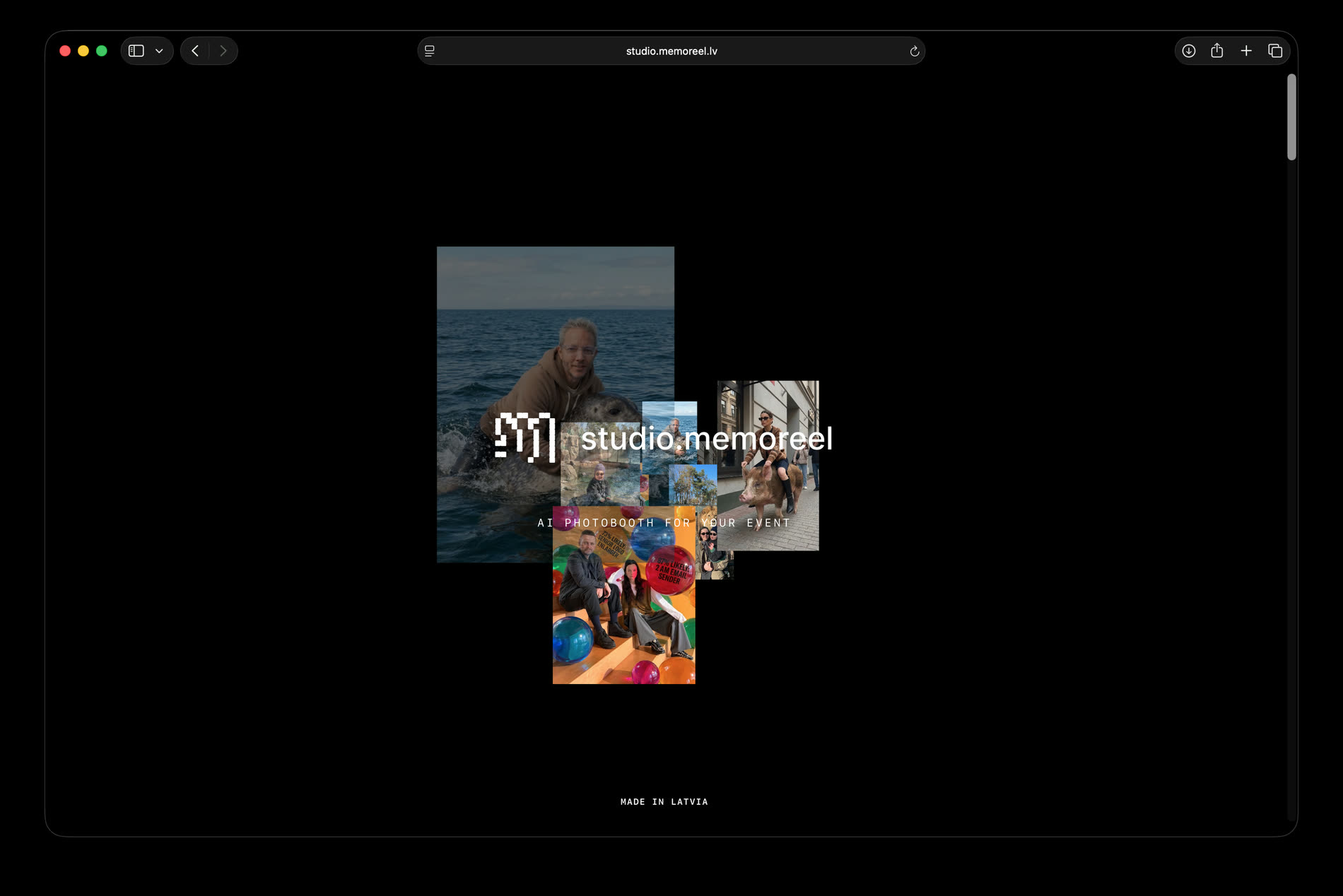 The studio.memoreel.lv landing page: a dark hero with a collage of generated portraits and the line 'AI photobooth for your event'.