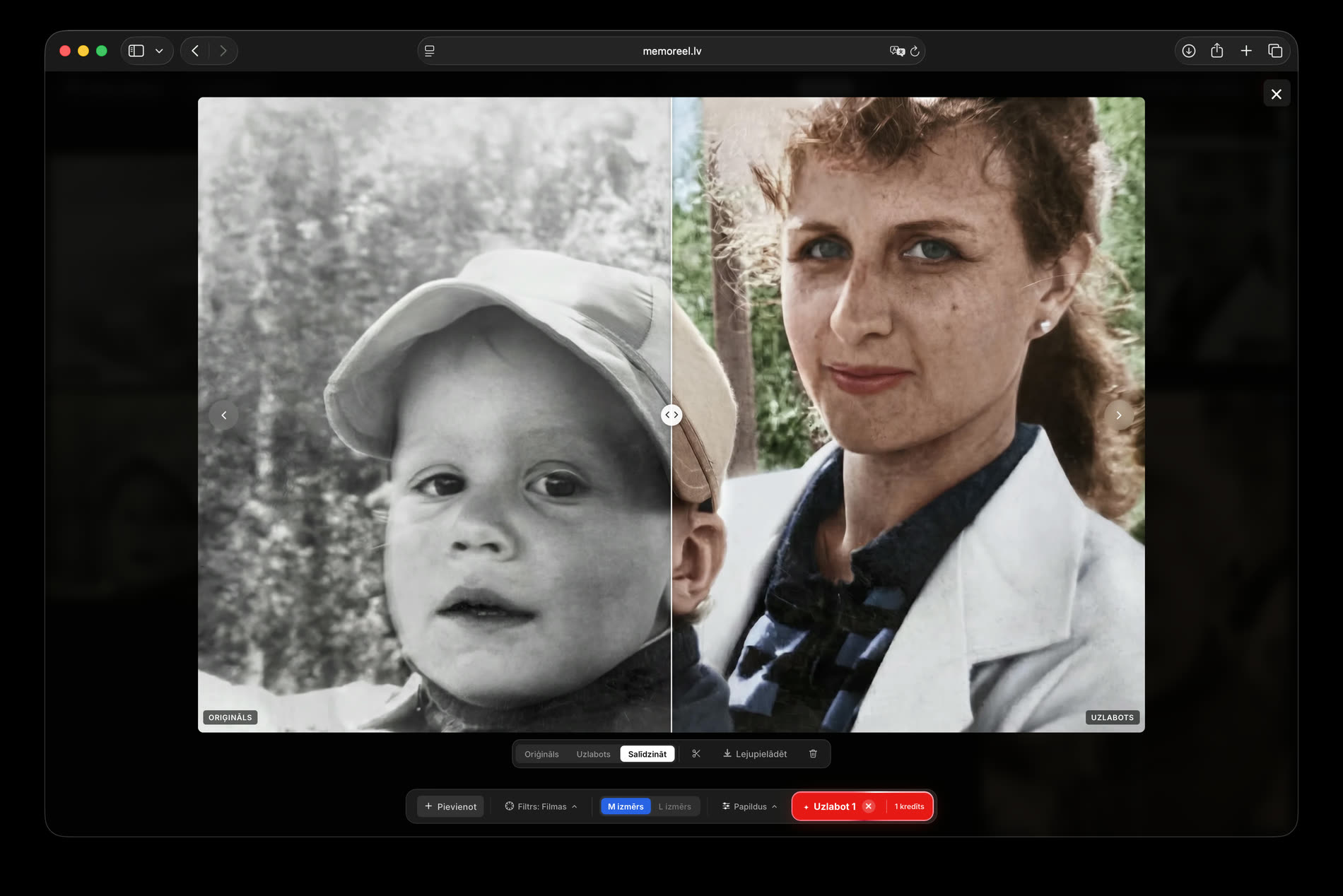 Full-screen compare view: a black-and-white photo of a woman holding a toddler, colourised on the right, split handle between.