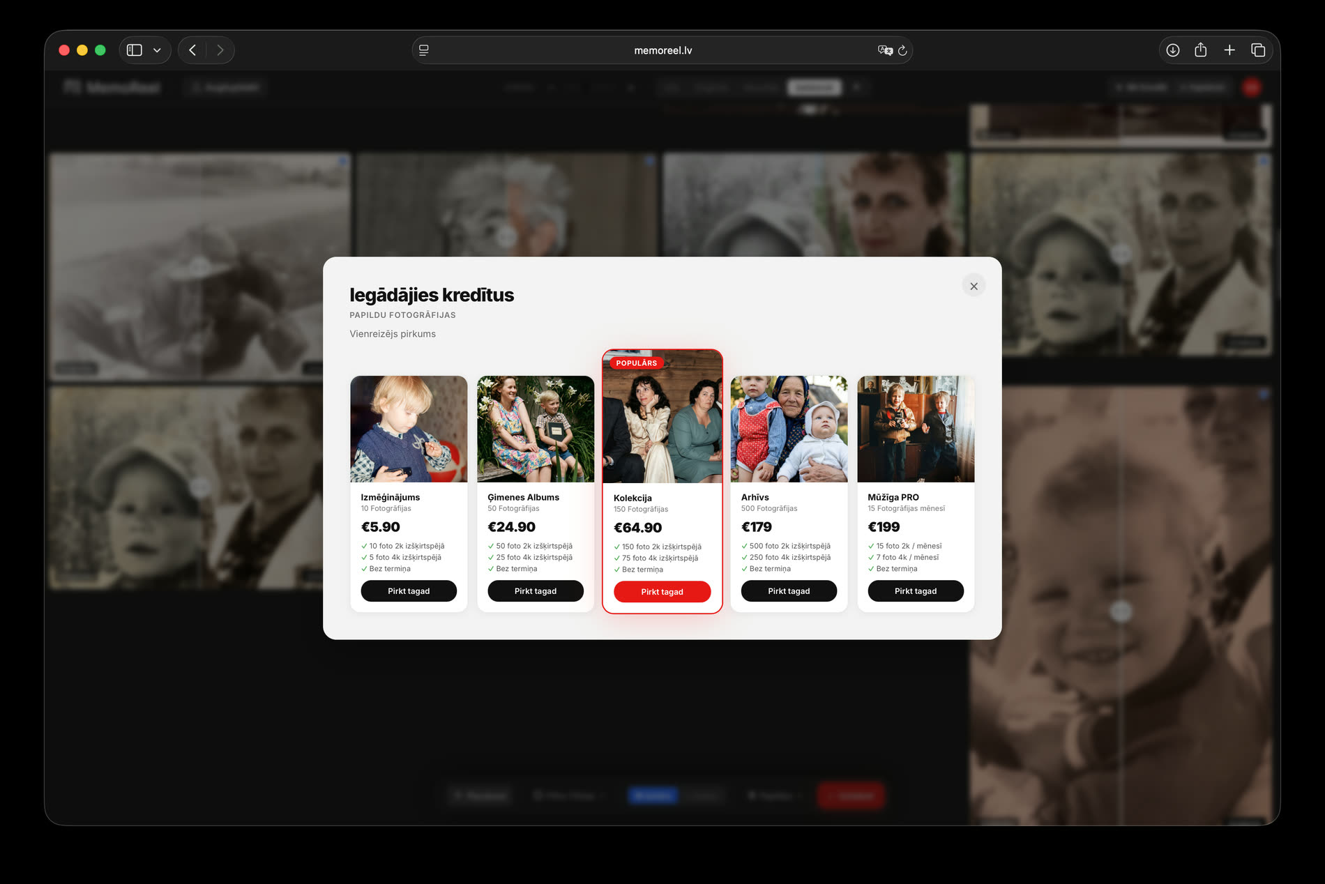 The credit-pack dialog over a grid of old photographs: five packs from €5.90 to €199, the middle one marked popular, each with a restored family photo as its picture.