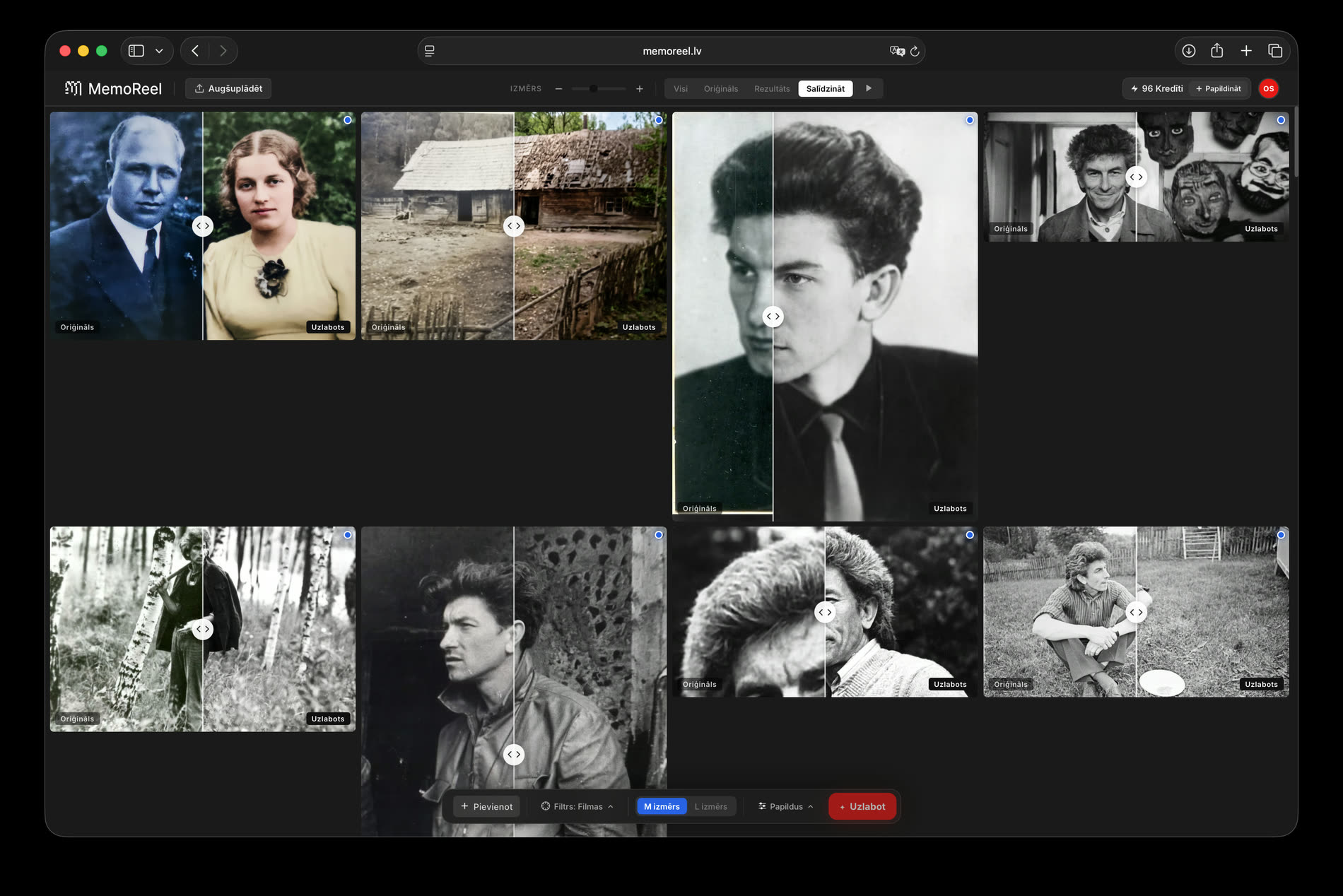 The workspace: a grid of black-and-white family photographs, each tile split down the middle with the restored half on the right.