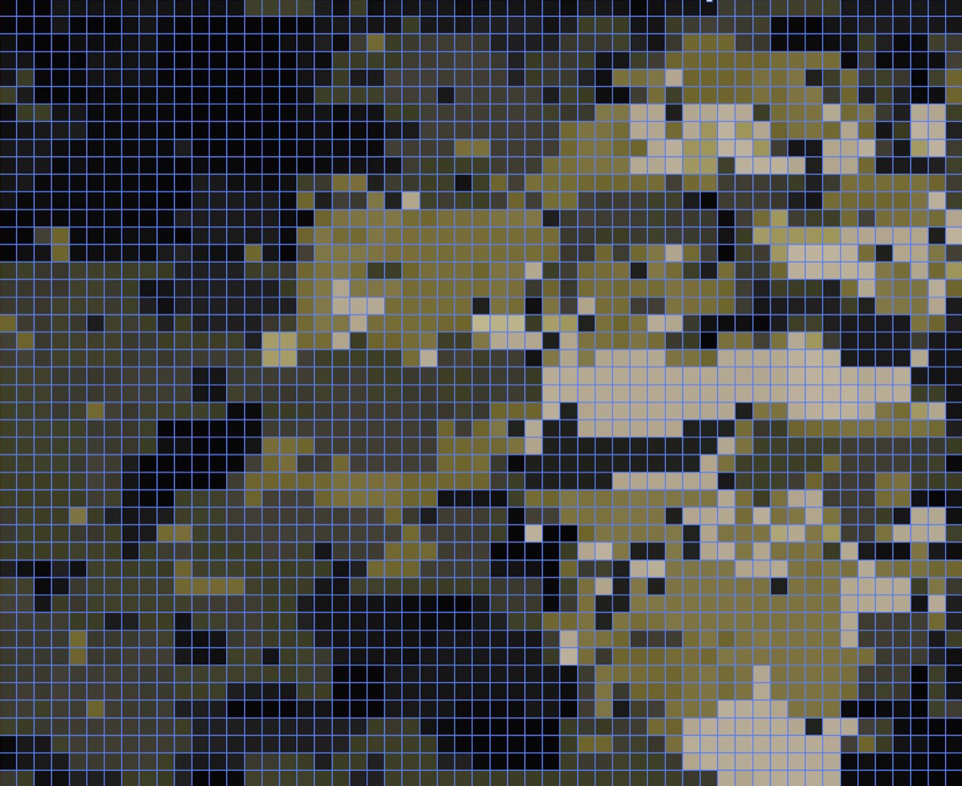 A close view of the pattern with its construction grid on: every blotch is square cells snapped to the same lattice.