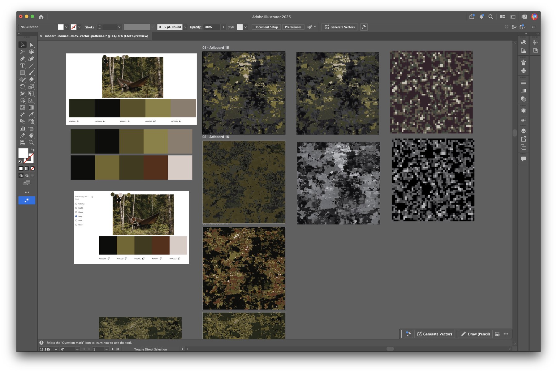 An Illustrator document with the forest photograph and palette at left and a dozen camouflage variants tiled across the artboards.