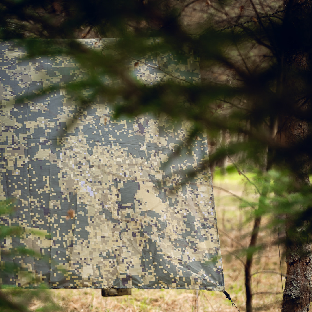 The tarp photographed through the branches of a foreground spruce, half hidden.